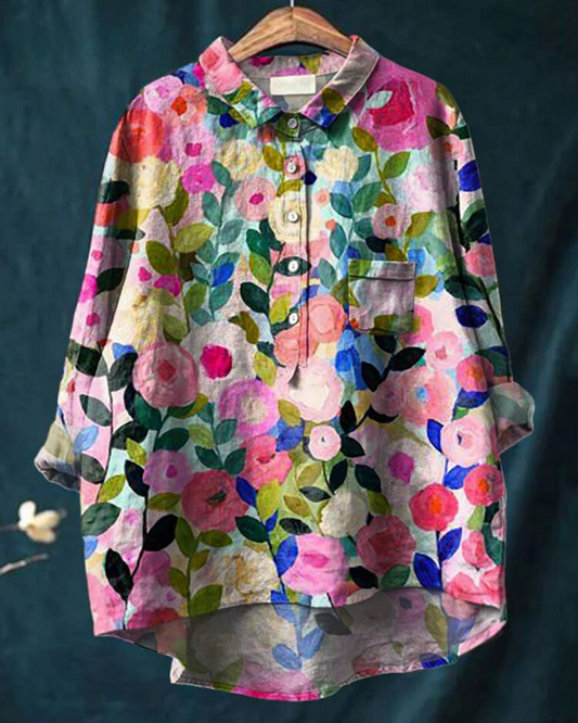 Lady lux™ l  Blouse van Katoen-Linnen Met Bloemen Print